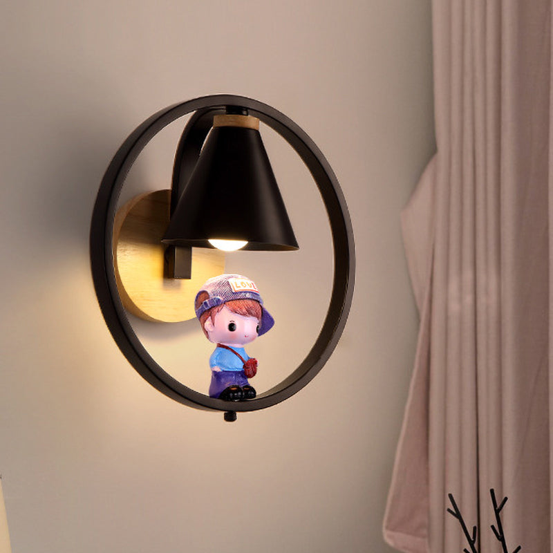 Nordic Metal Cone Shade Wall Lighting - 1 Light Black/White Finish Mount Lamp With Charming Boy Deco