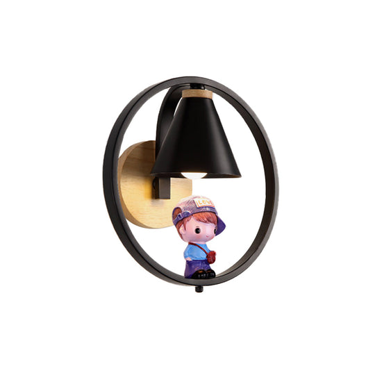 Nordic Metal Cone Shade Wall Lighting - 1 Light Black/White Finish Mount Lamp With Charming Boy Deco