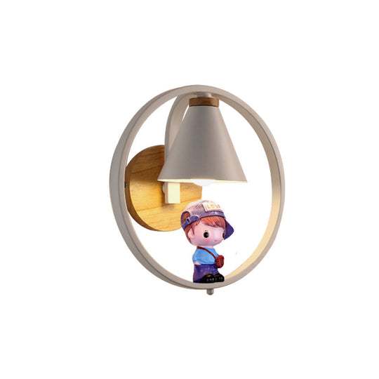 Nordic Metal Cone Shade Wall Lighting - 1 Light Black/White Finish Mount Lamp With Charming Boy Deco