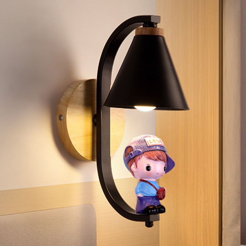 Nordic Metal Cone Shade Wall Lighting - 1 Light Black/White Finish Mount Lamp With Charming Boy Deco