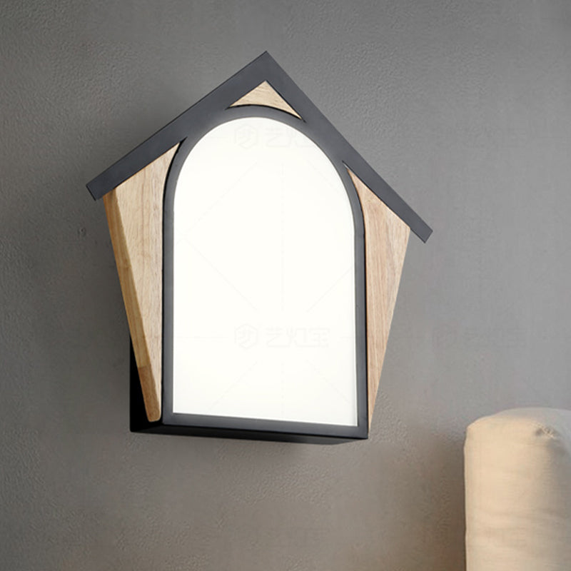 Nordic Wood And Black Metal House Shape Led Sconce For Modern Wall Lighting
