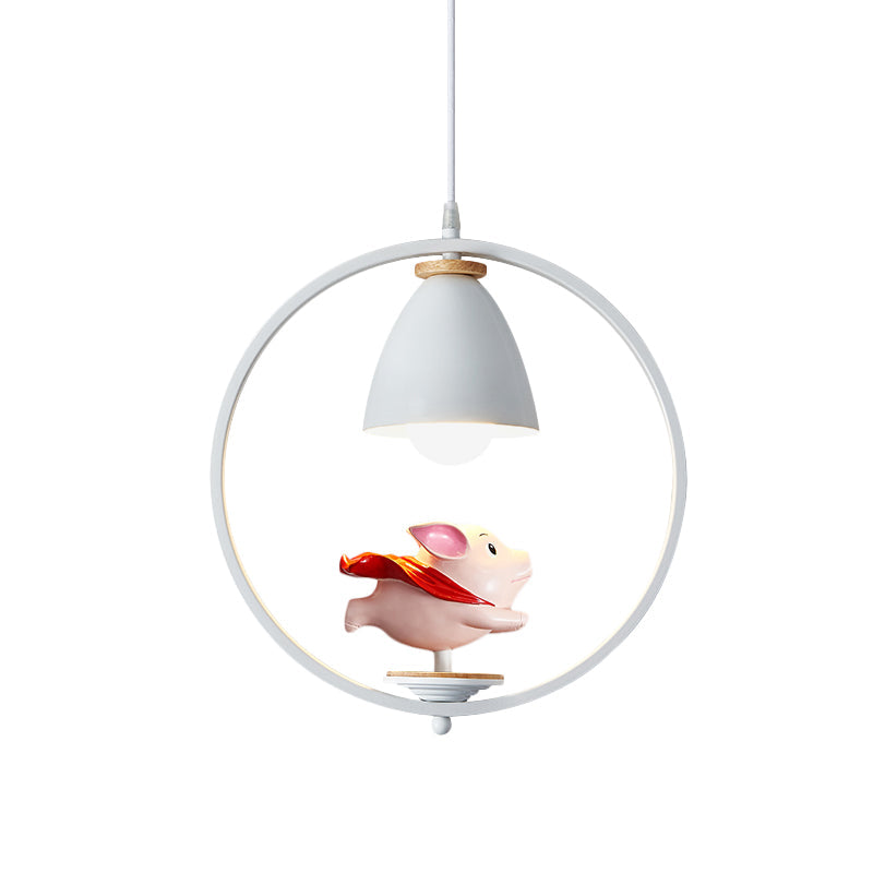 Nordic Hanging Light Kit - 1 Head Iron Bell And Ring Pendant Lamp White Finish With Whimsical