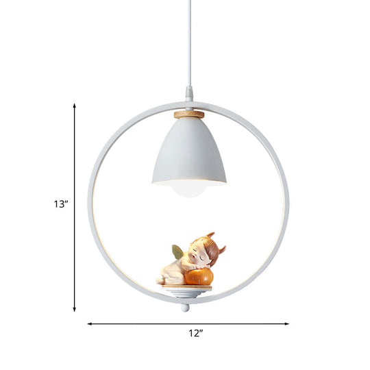 Nordic Hanging Light Kit - 1 Head Iron Bell And Ring Pendant Lamp White Finish With Whimsical