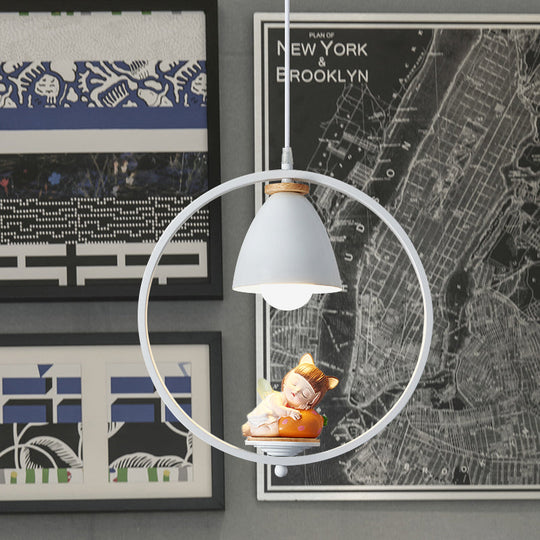 Nordic Hanging Light Kit - 1 Head Iron Bell And Ring Pendant Lamp White Finish With Whimsical