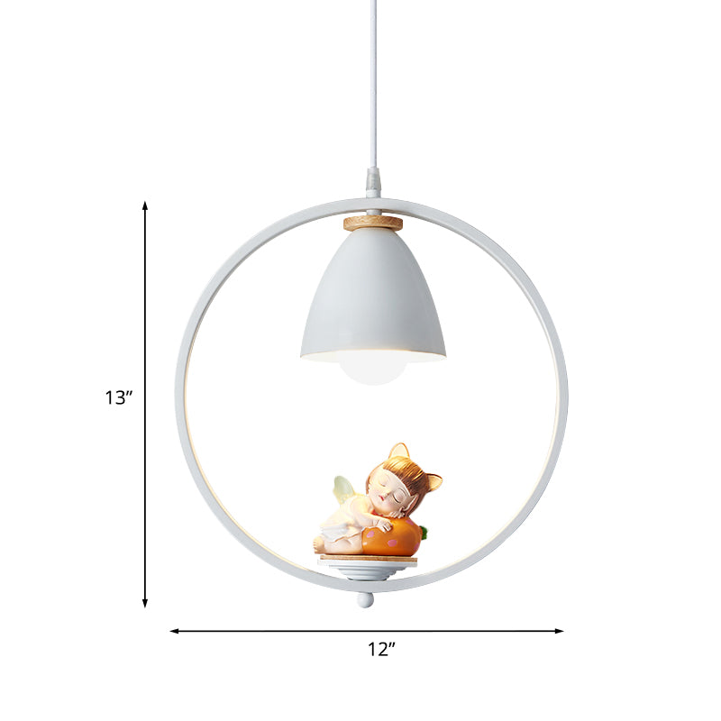 Nordic Hanging Light Kit - 1 Head Iron Bell And Ring Pendant Lamp White Finish With Whimsical