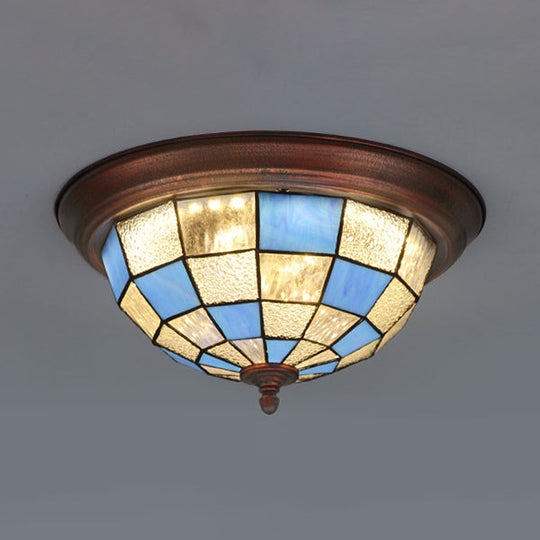 Lodge Stained Glass Bowl Ceiling Light Fixture - 1 Bulb Flushmount In Blue & White Blue-White