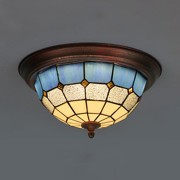 Lodge Stained Glass Bowl Ceiling Light Fixture - 1 Bulb Flushmount In Blue & White Clear