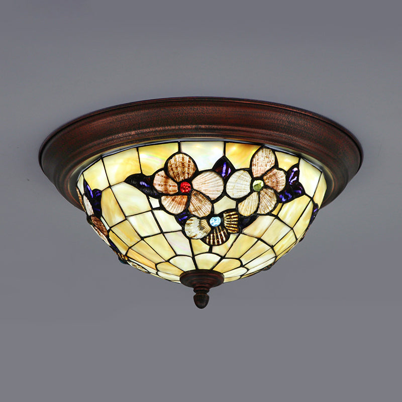 Vintage Beige Stained Glass Flushmount Ceiling Light With Flower Pattern - 1 Bulb