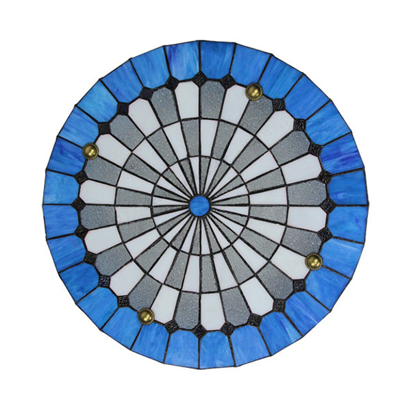 Blue Rustic Stained Glass Flushmount Ceiling Light - Round Design For Bedroom
