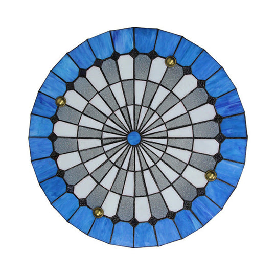 Blue Rustic Stained Glass Flushmount Ceiling Light - Round Design For Bedroom