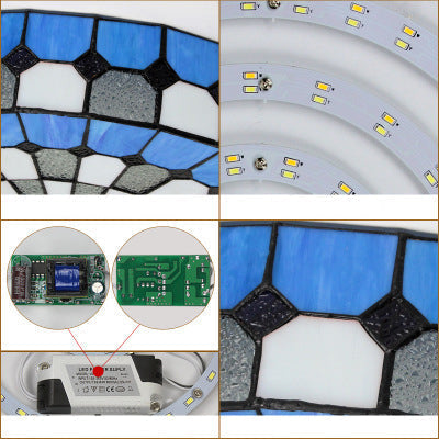 Blue Rustic Stained Glass Flushmount Ceiling Light - Round Design For Bedroom