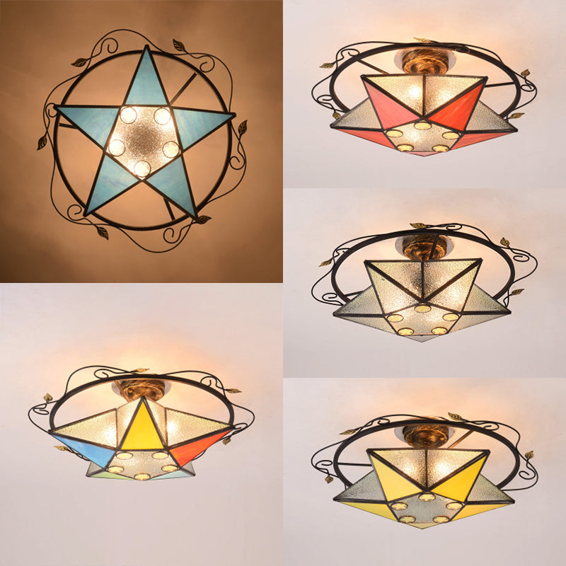 Tiffany Vintage Stained Glass 5 Pointed Star Ceiling Light - Semi Flush Mount In Multi - Color