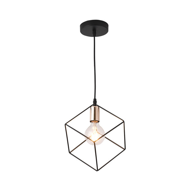 Retro-Style Black Metal Cage Ceiling Fixture For Living Room With 1 Squared Light