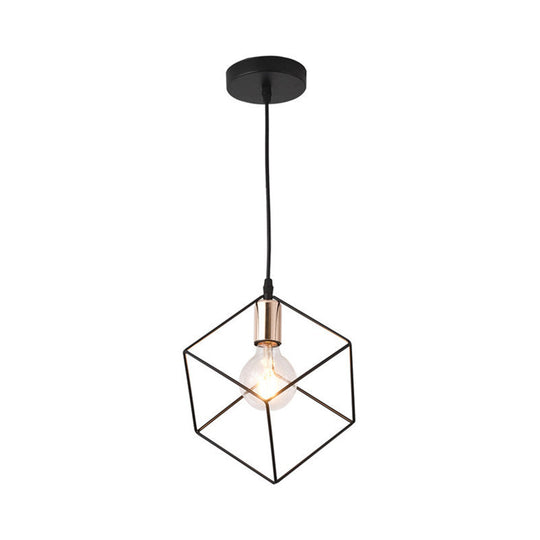 Retro-Style Black Metal Cage Ceiling Fixture For Living Room With 1 Squared Light