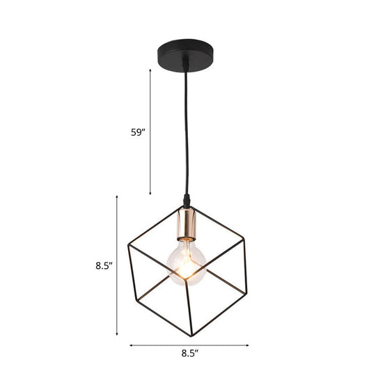Retro-Style Black Metal Cage Ceiling Fixture For Living Room With 1 Squared Light