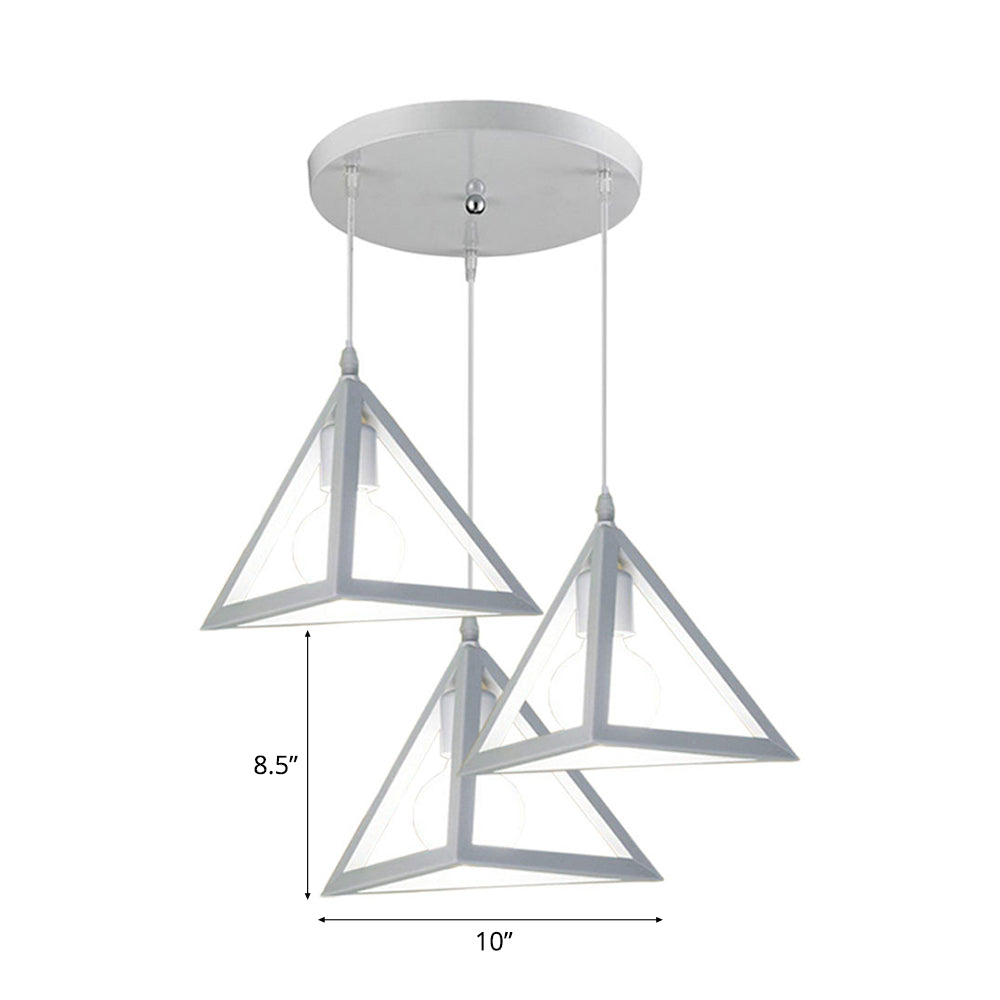 Retro Industrial Hanging Lamp With 3 Triangle Metallic Heads And Wire Guard In Black/White