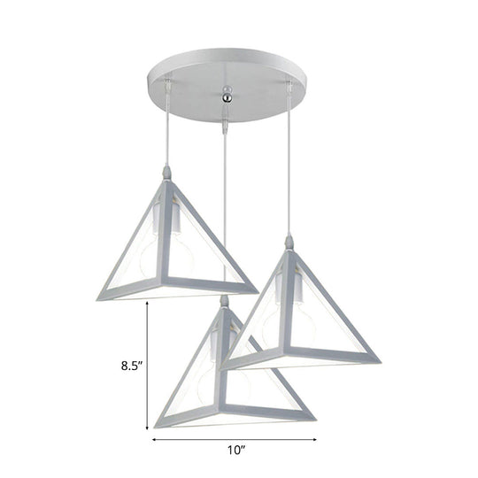 Retro Industrial Hanging Lamp With 3 Triangle Metallic Heads And Wire Guard In Black/White