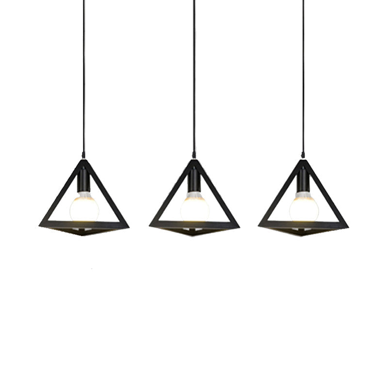 Retro Industrial Hanging Lamp With 3 Triangle Metallic Heads And Wire Guard In Black/White