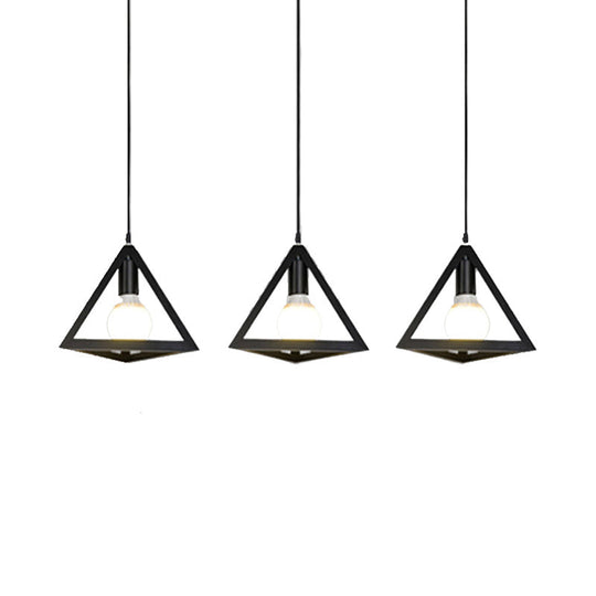 Retro Industrial Hanging Lamp With 3 Triangle Metallic Heads And Wire Guard In Black/White
