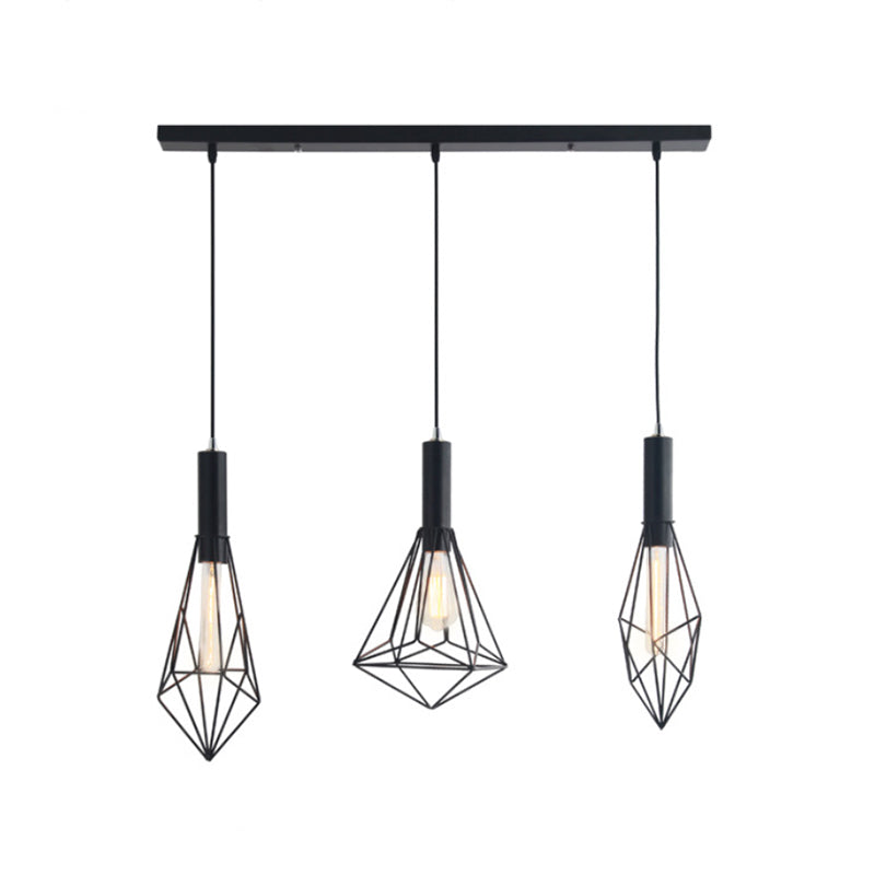 Retro Style Polygon Ceiling Light With Cage Shade - 3 Lights Black Metallic