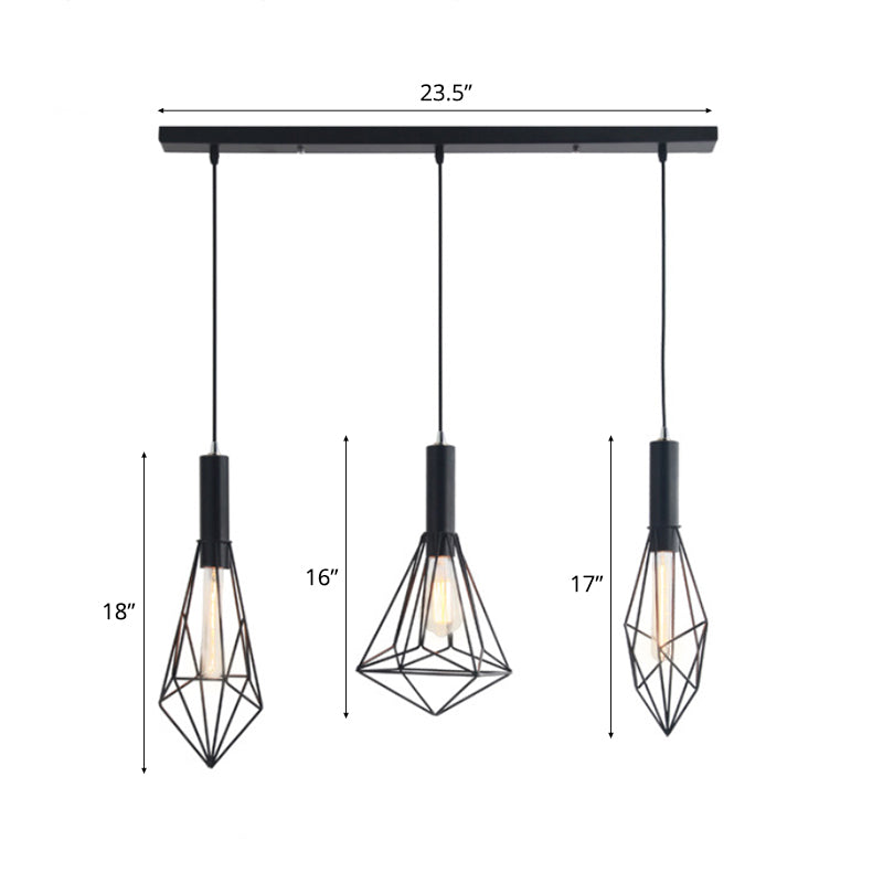 Retro Style Polygon Ceiling Light With Cage Shade - 3 Lights Black Metallic