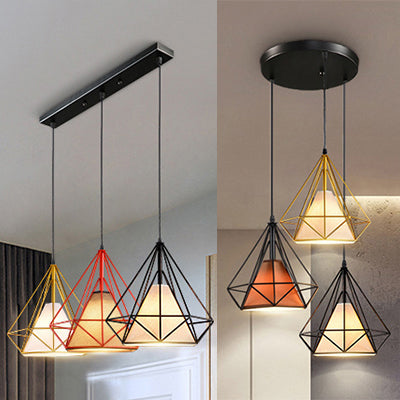 Industrial Metal Pendant Light With Diamond Cage Design - 3 Bulbs Yellow/Black For Dining Room