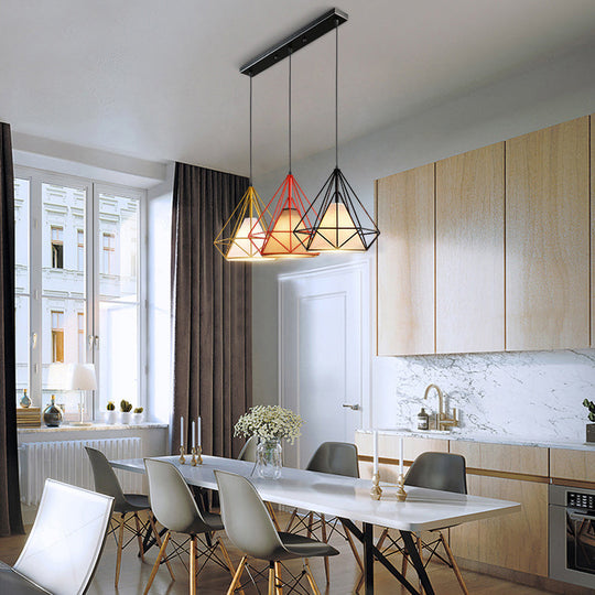 Industrial Metal Pendant Light With Diamond Cage Design - 3 Bulbs Yellow/Black For Dining Room