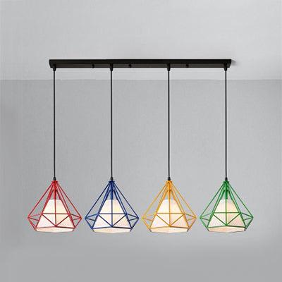 Industrial Diamond Wire Cage Pendant Light With Multi-Colored Shade - 5 Lights Red-Yellow-Blue-Green
