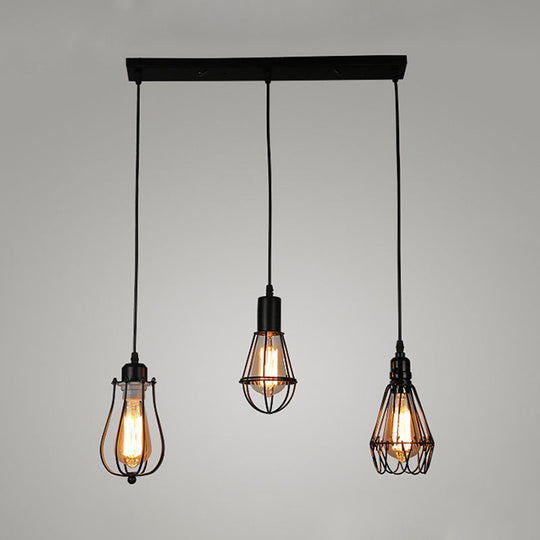 Farmhouse Black Metallic Pendant Light With Cage Design - 3 Lights