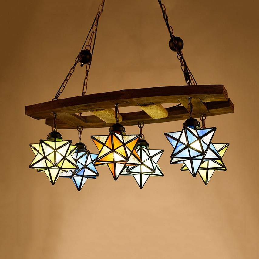 Rustic Stained Glass Star Chandelier With 6 Multi-Color Lights - Perfect For Bars And Lofts