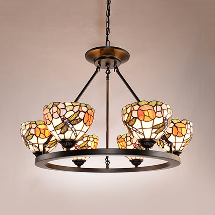 Dragonfly Stained Glass Chandelier - 6-Light Suspension For Foyer Black