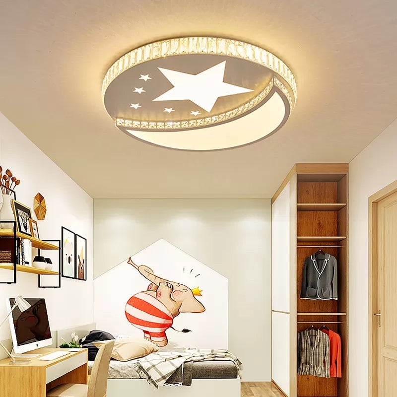White Star And Moon Ceiling Light – Crystal Accent Acrylic Led Lamp For Study Room