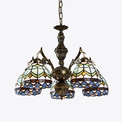 Blue Baroque Dome Stained Glass Chandelier - 5 Light Suspension Lamp For Living Room