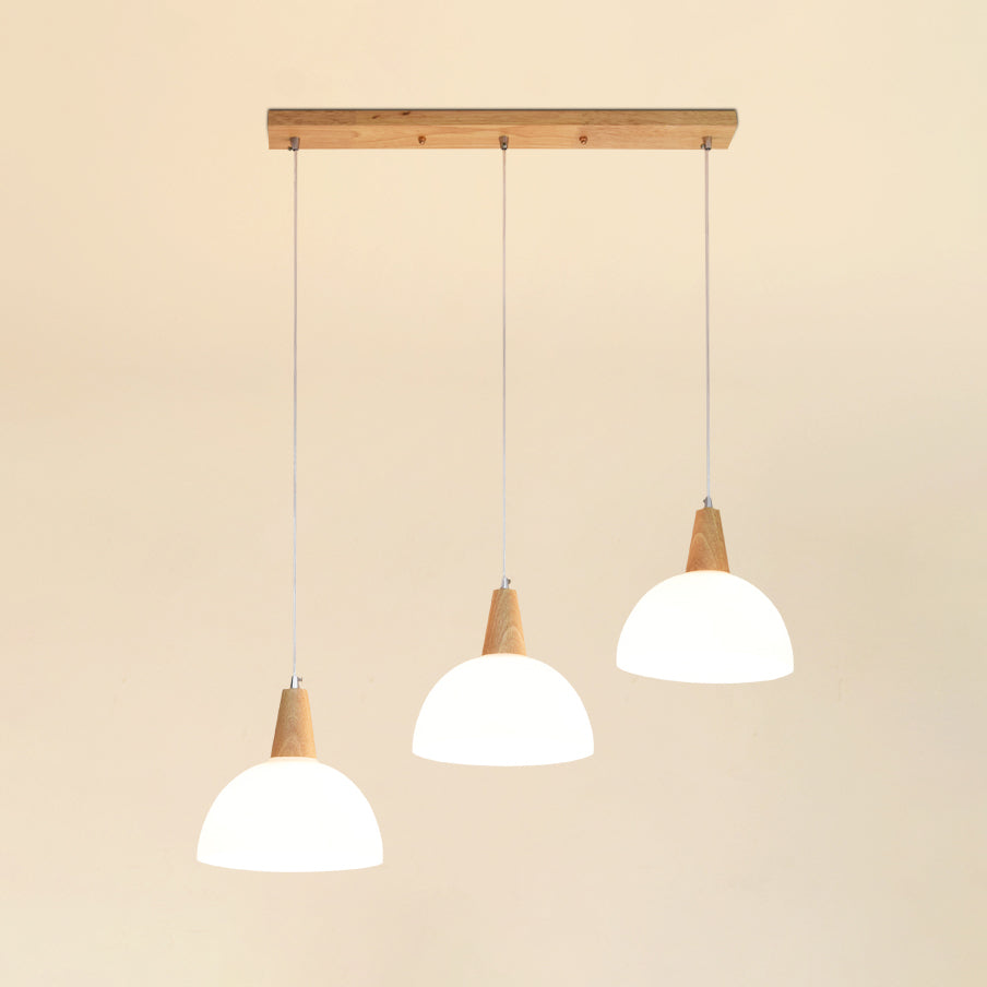 Contemporary Milk Glass Dome Pendant Lamp With Wooden Cap And 3 Lights White