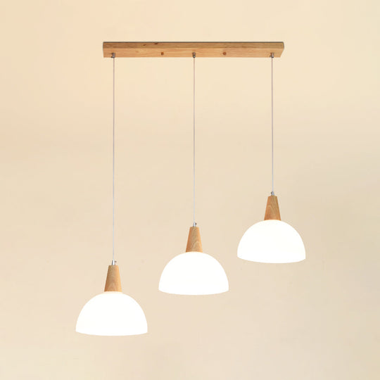 Contemporary Milk Glass Dome Pendant Lamp With Wooden Cap And 3 Lights White