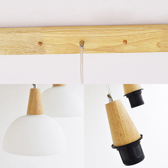 Contemporary Milk Glass Dome Pendant Lamp With Wooden Cap And 3 Lights