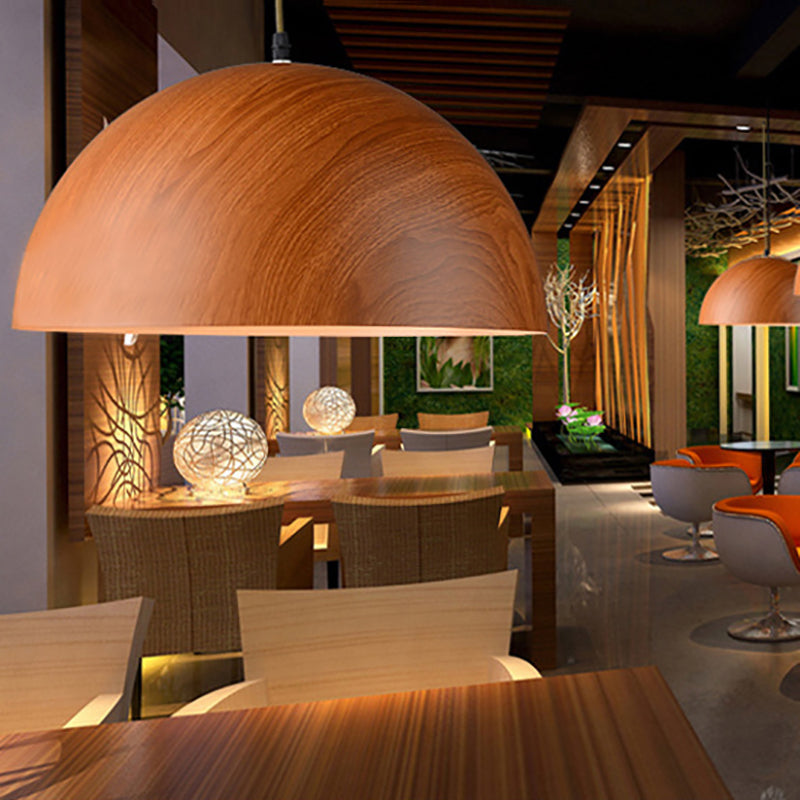 Contemporary Aluminum Domed Pendant Light With Wood Design In Dark Brown/Light Brown - Balcony