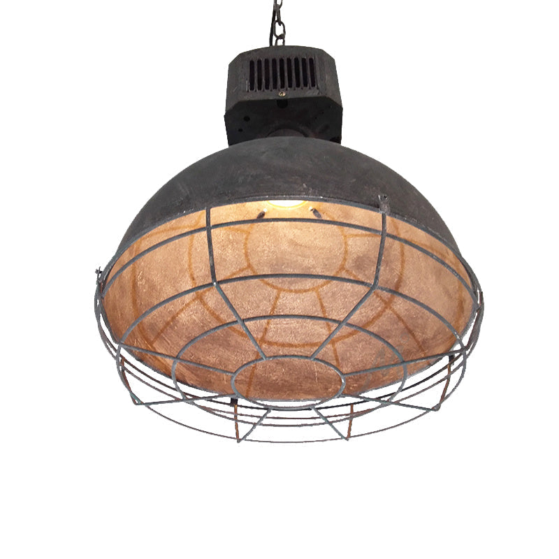 Rustic Wrought Iron Dome Pendant Light With Wire Guard - Restaurant Hanging Lamp In Grey