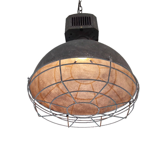Rustic Wrought Iron Dome Pendant Light With Wire Guard - Restaurant Hanging Lamp In Grey