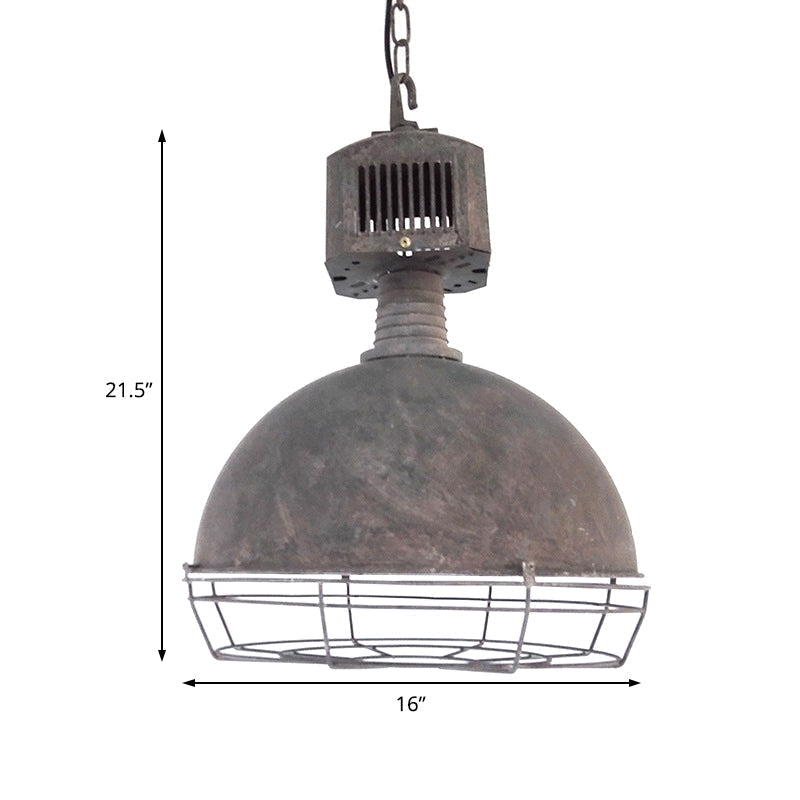 Rustic Wrought Iron Dome Pendant Light With Wire Guard - Restaurant Hanging Lamp In Grey