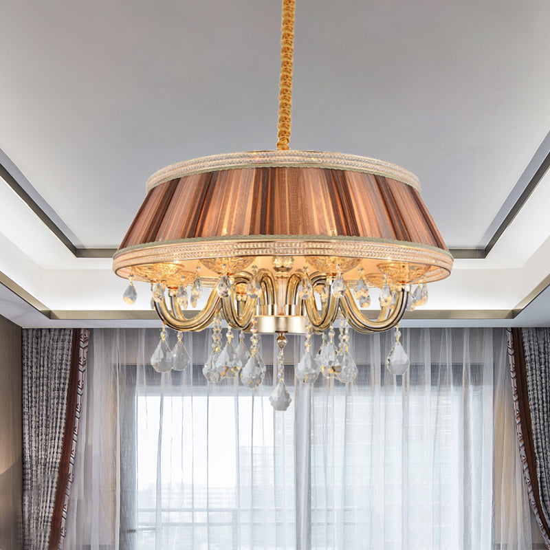 Modern Khaki Drum Ceiling Chandelier With Crystal Droplet - 8 Heads Pleated Fabric Hanging Lighting