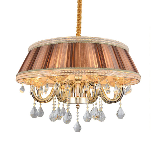 Modern Khaki Drum Ceiling Chandelier With Crystal Droplet - 8 Heads Pleated Fabric Hanging Lighting
