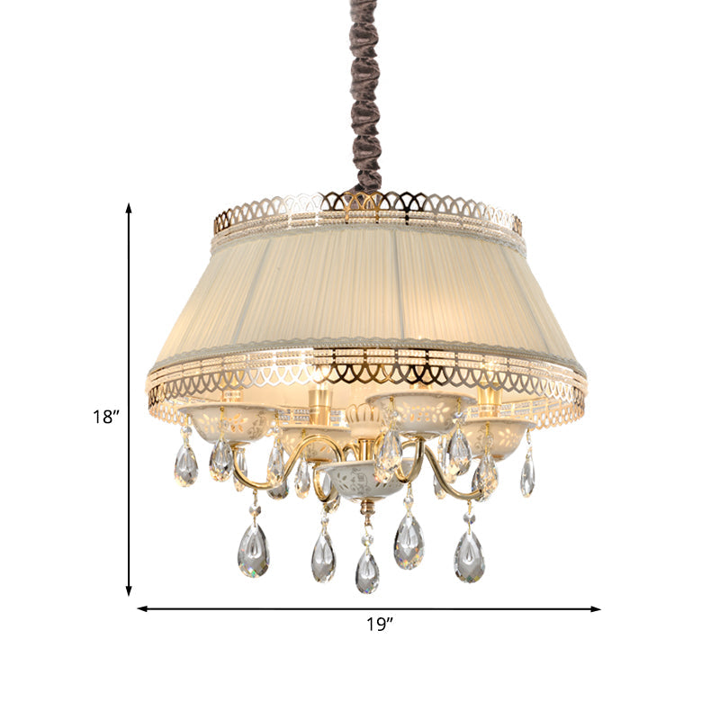 Contemporary 4-Bulb Pendant Chandelier With Beige Fabric Drum Shade And Crystal Down Lighting
