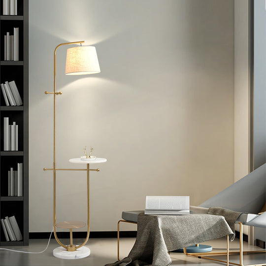 Modern Curved Arm Table Lamp With Gold Finish - Sleek Metal Design Fabric Shade