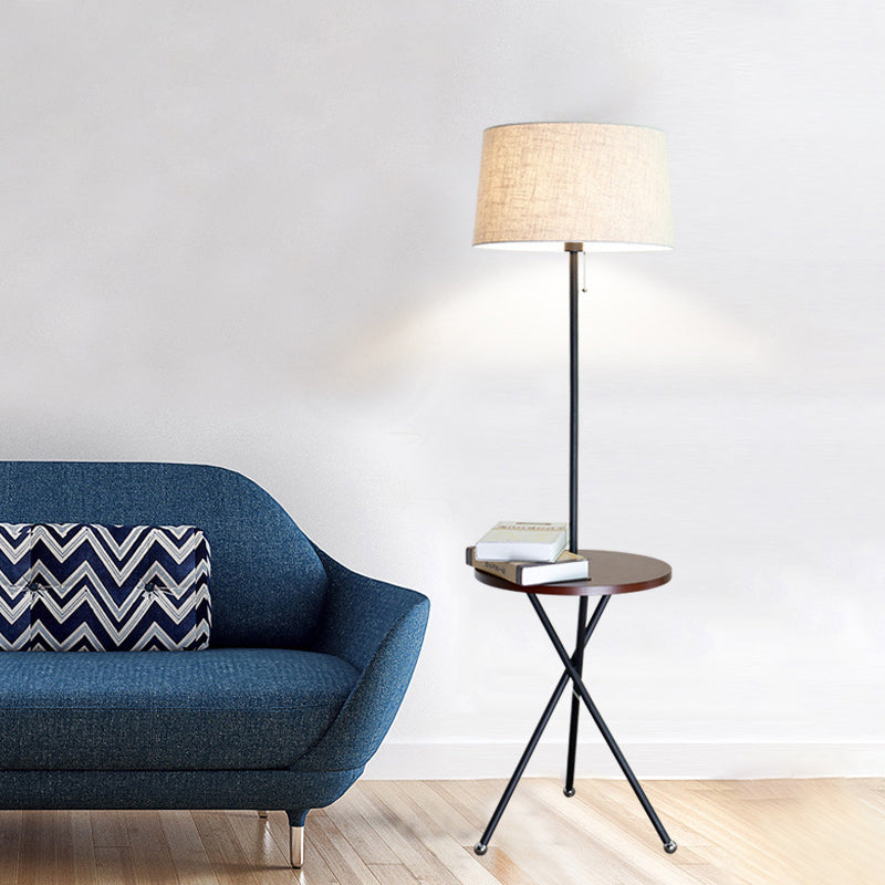Modern Drum Floor Lamp For Living Room - Single Light Standing In Flaxen Fabric