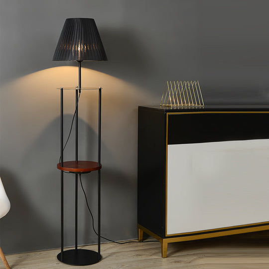 Contemporary Pleated Fabric Conic Floor Table Lamp - 1 Light Black Standard Design For Bedside