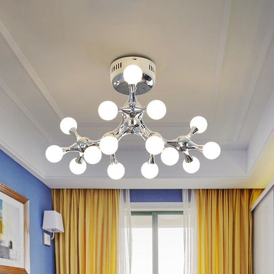 Nordic Metal 15 Bulb Silver Ceiling Mount Chandelier: Semi Flush Light For Living Room