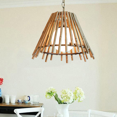 Vintage Bamboo Cone Shade Ceiling Light With Led Bulb - Natural Wood Suspension Lamp