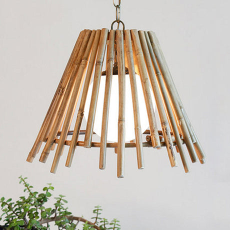 Vintage Bamboo Cone Shade Ceiling Light With Led Bulb - Natural Wood Suspension Lamp
