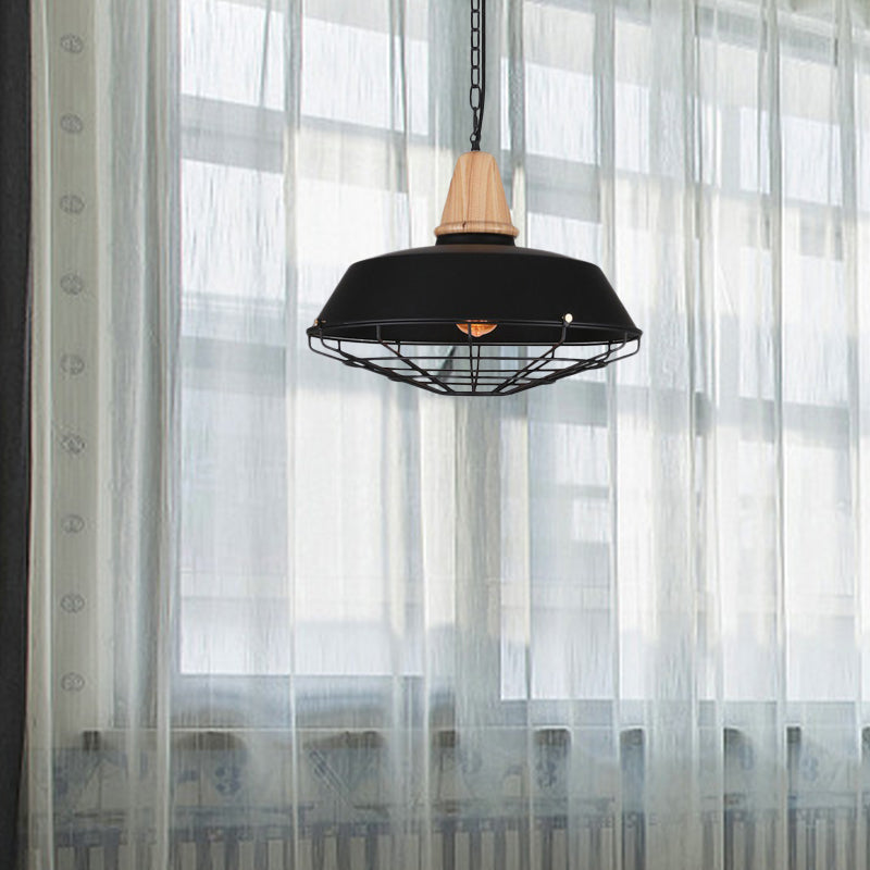 Metallic Retro Style Ceiling Hanging Pendant Light With Barn And Wire Guard 1 Head Black 3 Sizes